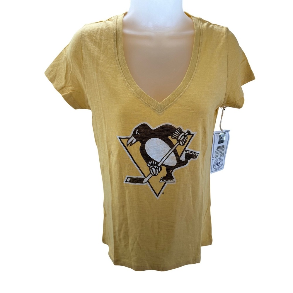 47 Pittsburgh Penguins Womens V-Neck Yellow Graphic Tee Shirt‎ Medium NEW